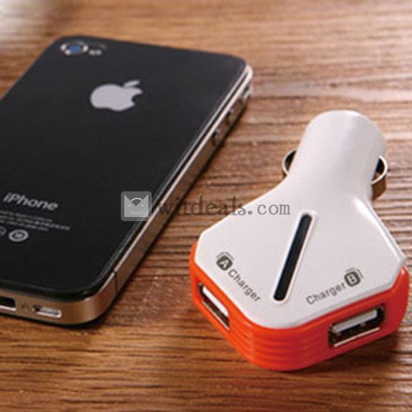 iPhone5車載充電器／充電アダプタ　2100mA　ダブルUSBポート　汎用　オレンジ