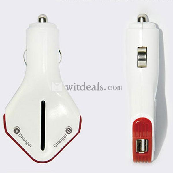 ダブルUSBポート付きiPhone5車載充電器／充電アダプタ　2100mA　汎用　レッド