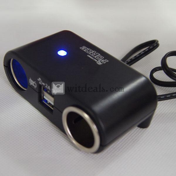 2ポート自動車バスパワー／シガーソケット2連　USB付き　ライト付き12V ブラック