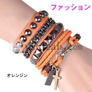 レザーブレスレット　17cm／18.5cm調整可　パンク　ファッション　ペア　オレンジ