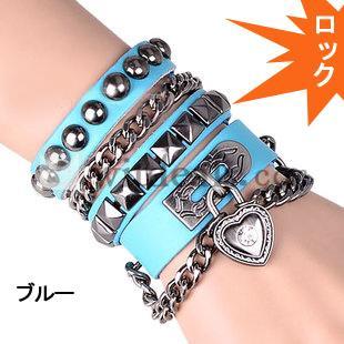 パンクブレスレット／リストバンド　　男女兼用 ファッション　レザー製　ブルー