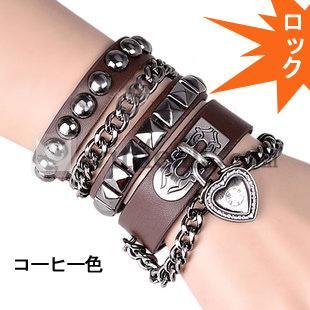 レザーブレスレット　パンクリストバンド　男女兼用 ブレス　オシャレ　コーヒー色ペア