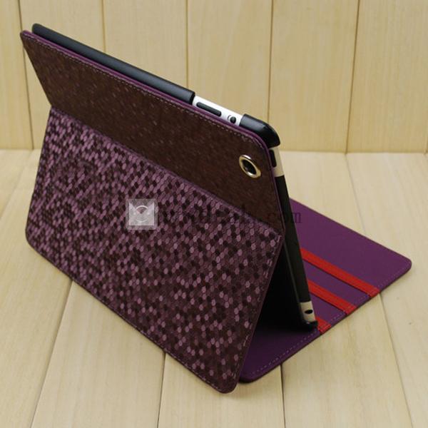 iPad4レザーケース／カバー　欧米風　格子文　紫