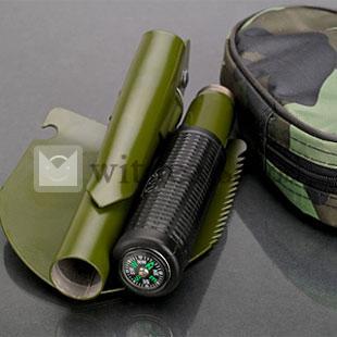 スコップ　シャベル　多目的のツール　防災用品　防災グッズ　緊急用　羅針盤付き　コンパス　鋸　グリーン