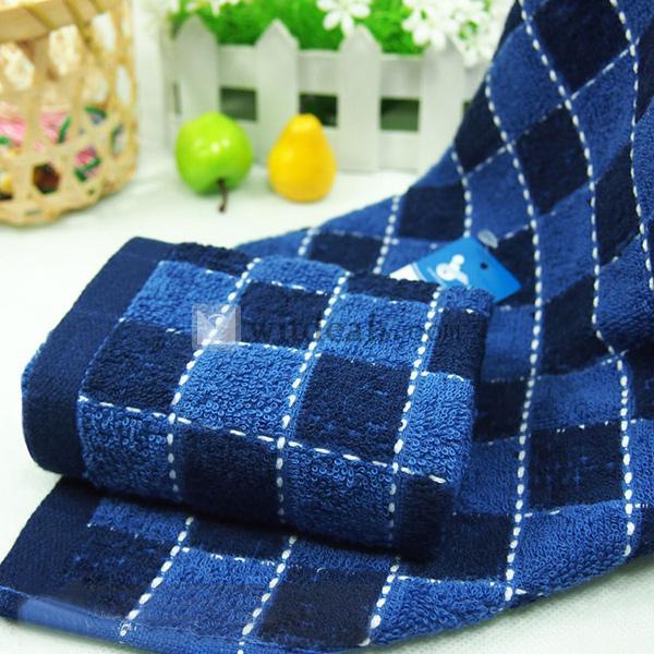 メンズ 男性用吸水タオル　チェックタオル　純綿　ブルー