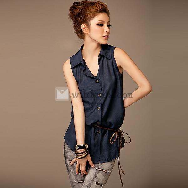 レディース ブラウス ノースリーブ シャツ チュニック ブラウスシャツ セクシー系　ベルト付き