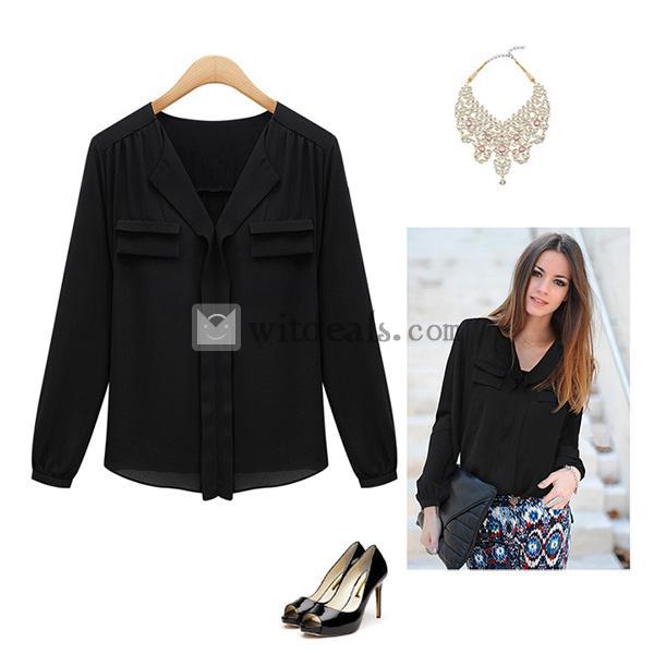 長袖シフォンシャツ レディース vネック センスアップ 事務 エアリーブラウス フェミニンブラウス ベージュ ブラック