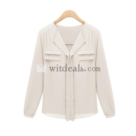 長袖シフォンシャツ レディース vネック センスアップ 事務 エアリーブラウス フェミニンブラウス ベージュ ブラック