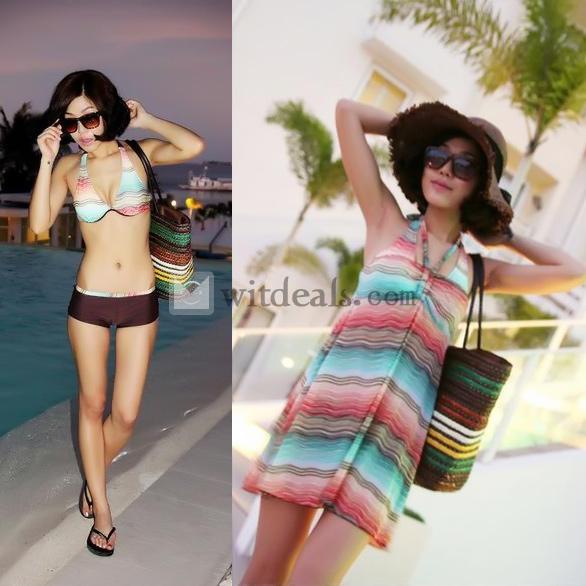 ストライプ ワイヤー水着 ワンピ ビキニ ワンピース付き 3点セット 水着 三角ビキニ