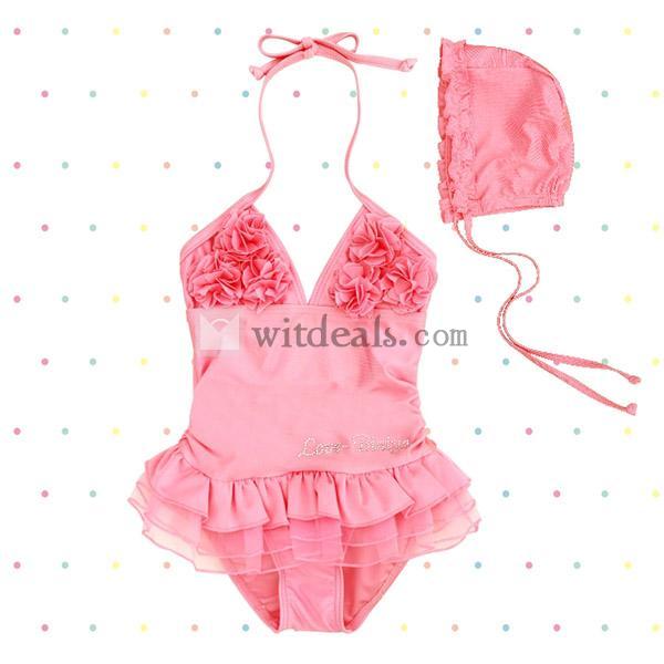 女の子 ビキニ キッズ 子供水着 カワイイピンクワンピース水着 連体と分体 キャップ付き