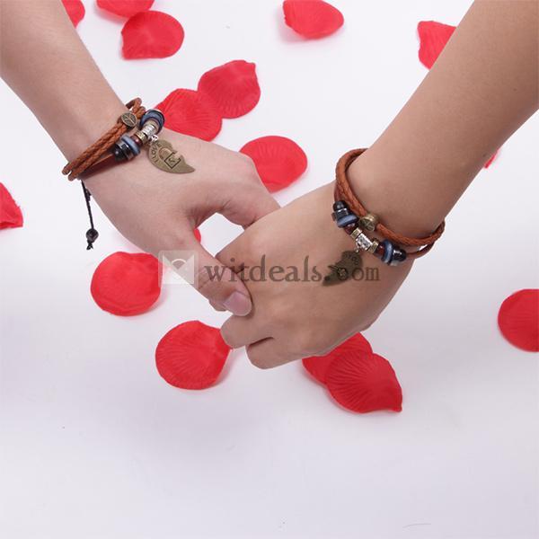 ペア レザーブレス（メンズとレディース2個入り） 本革ブレスレット ロック&キー 腕輪 カワイイ 復古風