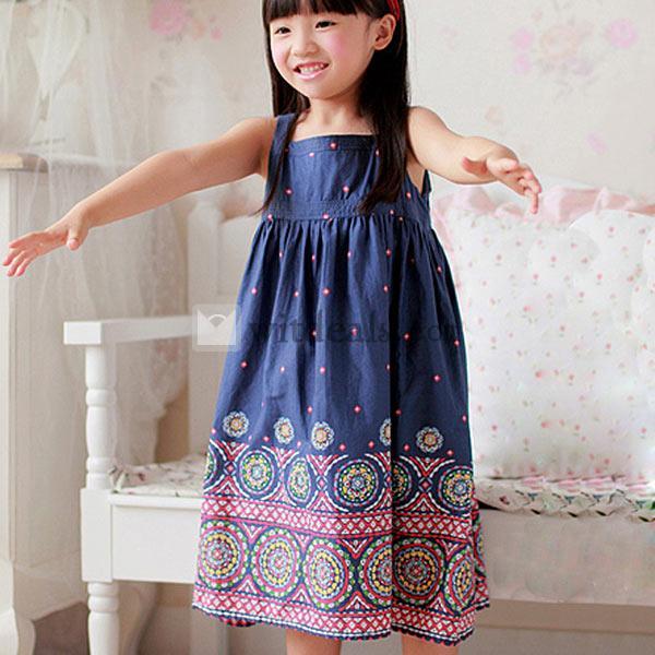プリントワンピース 女の子 キッズ ワンピース 花柄ワンピース キッズ 子供服 民族風 ダークブルー