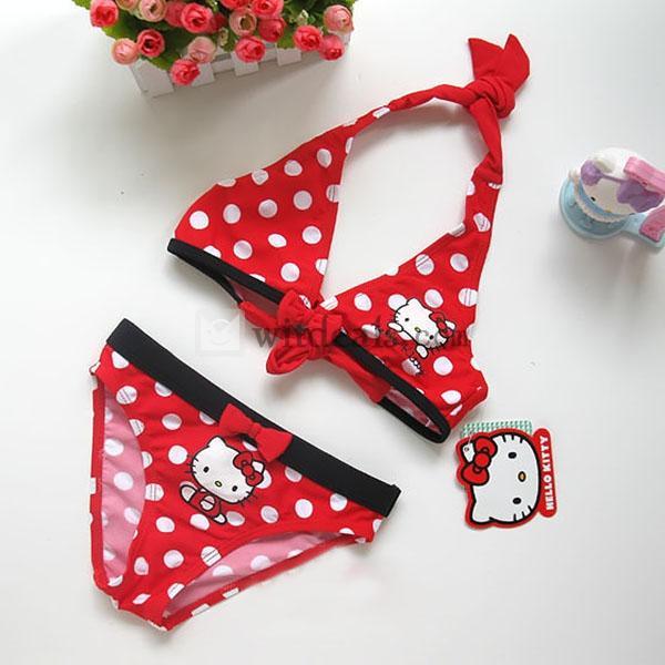 女の子 キッズ 水玉水着 子供 ビキニ キッズ水着 かわいい　ハローキティ hello kitty リボン付き　