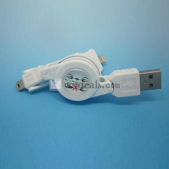 巻き取り式トリプルUSBケーブル　mini USB＆micro USB＆Lightningコネクタ搭載　iPhone5/Samsung/HTC/Sonyなど対応