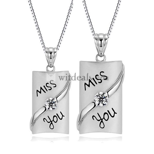 シルバーペア「miss you」ネックレス ペア シルバー+ラインストーン ペンダント ペアアクセサリー ペアジュエリー 恋人 箱付き