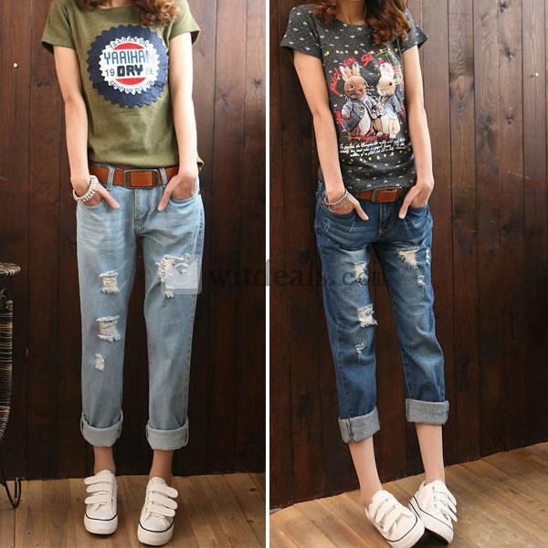 ダメージデニム 九分丈ジーンズ 女性のデニムズボン ライト カジュアル コーディネート自在