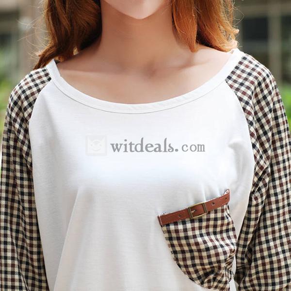 モザイクチェック柄Tシャツ 長袖シャツ レディースシャツ カジュアル 新作製品 まるネック ホワイト