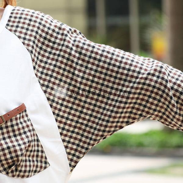 モザイクチェック柄Tシャツ 長袖シャツ レディースシャツ カジュアル 新作製品 まるネック ホワイト