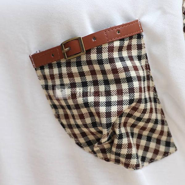 モザイクチェック柄Tシャツ 長袖シャツ レディースシャツ カジュアル 新作製品 まるネック ホワイト