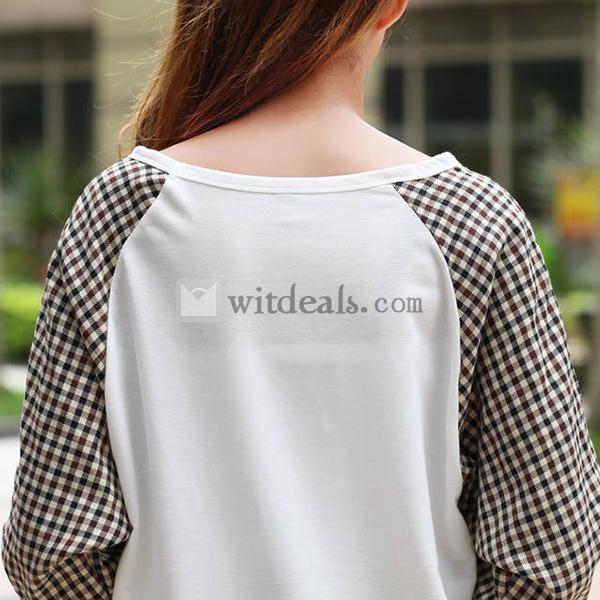 モザイクチェック柄Tシャツ 長袖シャツ レディースシャツ カジュアル 新作製品 まるネック ホワイト