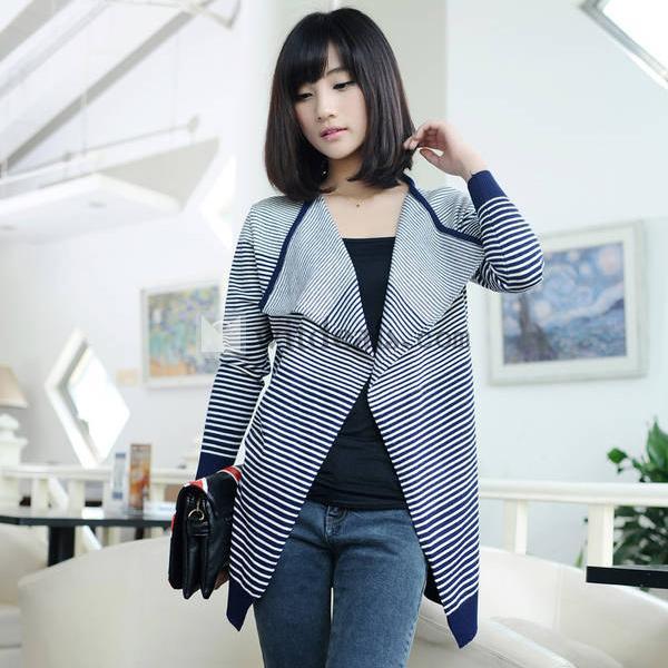 レディースカットソー カーディガン パーカ 長袖ニットウェア 新作ストライブニットウェア コットン
