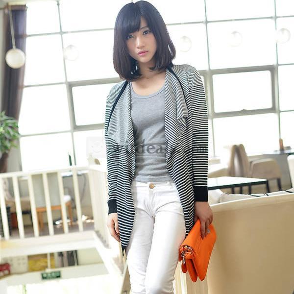 レディースカットソー カーディガン パーカ 長袖ニットウェア 新作ストライブニットウェア コットン
