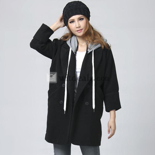 フード付きレディースパーカ 秋冬新作の七分丈レディースコート 羊毛コート レディースジャケット ブラック