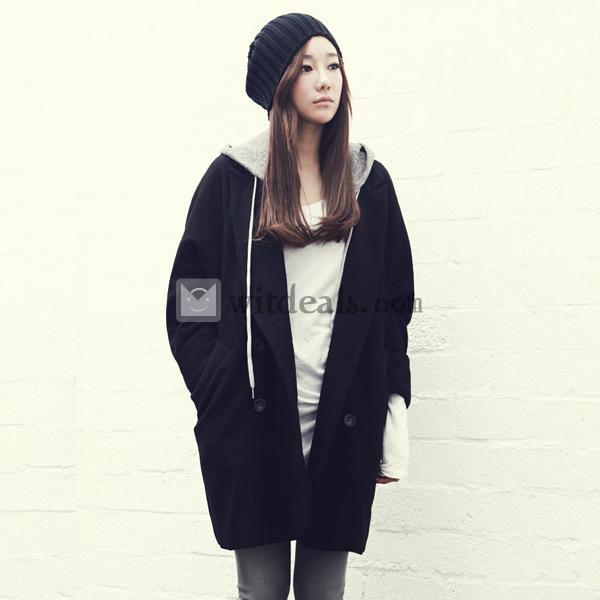 フード付きレディースパーカ 秋冬新作の七分丈レディースコート 羊毛コート レディースジャケット ブラック