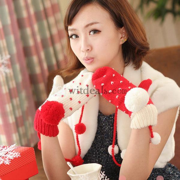 女性ミトン 手袋 毛系グローブ ニット手袋 .｡.:*･ﾟMerry-X’mas:*･ﾟ｡:.* プレゼント 可愛い レッド＋ホワイト