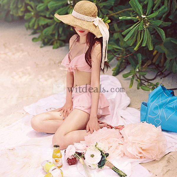 ふんわり優しいピンクレディース水着2点セットビキニ お嬢さんスカート水着ワンピース
