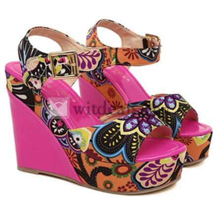 カラフルレーディスサンダルエスニックベアルックサンダルウェッジオーブントゥサンダル